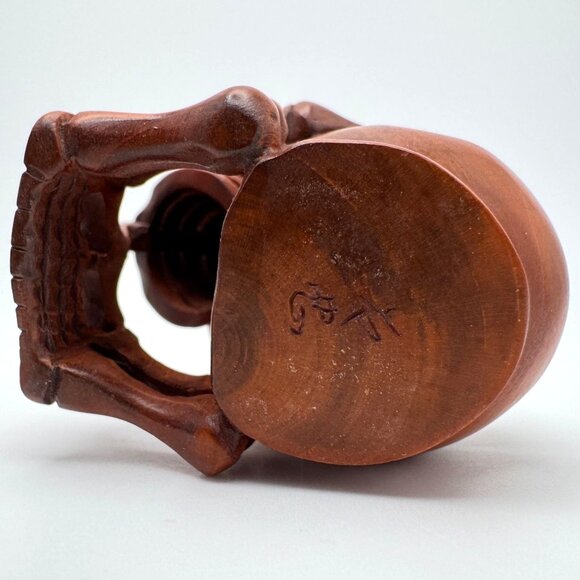 Netsuke Large Skeleton Playing Drum Hardwood Carving Sculpture Japanese Vintage - Picture 10 of 11